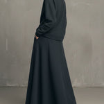 Charcoal Gray Air-layer High-neck Top And Flared Long Skirt Set