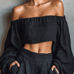 Black Off-the-shoulder Long-sleeved Top And Wide-leg Pants Set