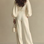 Ivory Ribbed Crew Neck Top And High-waisted Wide-leg Pants Suit