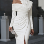 White Asymmetric Draped High-Neck One-Shoulder Midi Dress