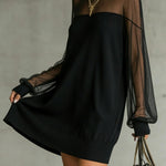 Black Sheer Mesh Sleeve High‑Neck Mini Dress