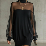 Black Sheer Mesh Sleeve High‑Neck Mini Dress