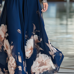 Navy Blue V-neck Tulle Sleeve Pleated Floral Maxi Dress