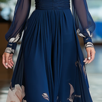 Navy Blue V-neck Tulle Sleeve Pleated Floral Maxi Dress