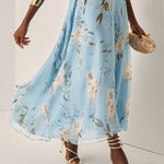 Light Blue Floral Pleated Chiffon One-shoulder Maxi Dress