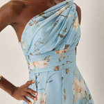 Light Blue Floral Pleated Chiffon One-shoulder Maxi Dress
