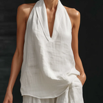 White Faux Linen V-neck Sleeveless Top And Wide-leg Pants Set