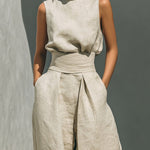 Bérénice™ | Casual Beige Sleeveless Co-Ord Set with Wide Leg Trousers