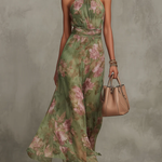 Green Floral Chiffon Halter Maxi Dress