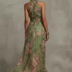 Green Floral Chiffon Halter Maxi Dress