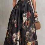 Violetta™ | Black Midi Dress in Pleated Satin with Floral Pattern and Heart Neckline