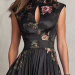 Violetta™ | Black Midi Dress in Pleated Satin with Floral Pattern and Heart Neckline