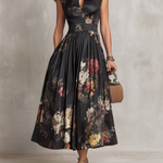 Violetta™ | Black Midi Dress in Pleated Satin with Floral Pattern and Heart Neckline