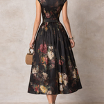 Violetta™ | Black Midi Dress in Pleated Satin with Floral Pattern and Heart Neckline