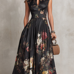 Violetta™ | Black Midi Dress in Pleated Satin with Floral Pattern and Heart Neckline