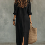 Soline™ | Long Black Maxi Dress with Buttons