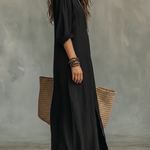 Soline™ | Long Black Maxi Dress with Buttons
