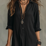 Black Button-down Front-opening Loose-fitting Shirt Maxi Dress