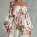 White And Pink Floral Print Off-shoulder Chiffon Maxi Dress
