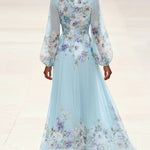 Light Blue V-neck Chiffon Printed Maxi Dress