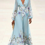 Light Blue V-neck Chiffon Printed Maxi Dress