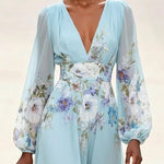 Light Blue V-neck Chiffon Printed Maxi Dress