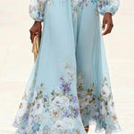 Light Blue V-neck Chiffon Printed Maxi Dress