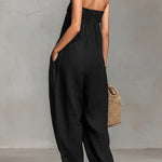Black Minimalist Loose-fitting Faux Linen-blend Strapless Jumpsuit