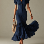 Navy Blue Striped Shirt Collar Slim-fit Mermaid Midi Dress