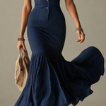 Navy Blue Striped Shirt Collar Slim-fit Mermaid Midi Dress
