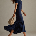Navy Blue Striped Shirt Collar Slim-fit Mermaid Midi Dress