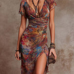 Martina™ | Midi Pleated Dress with V-Neck, Abstract Artistic Print in Bohemian Style