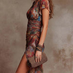 Martina™ | Midi Pleated Dress with V-Neck, Abstract Artistic Print in Bohemian Style