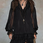 Black V-neck Lantern Sleeve Ruffled Chiffon Mini Dress