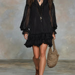 Black V-neck Lantern Sleeve Ruffled Chiffon Mini Dress