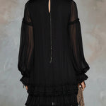 Black V-neck Lantern Sleeve Ruffled Chiffon Mini Dress