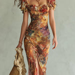 Viola™ | Long orange chiffon dress with bohemian artistic print