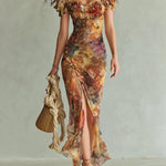 Viola™ | Long orange chiffon dress with bohemian artistic print