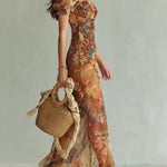 Viola™ | Long orange chiffon dress with bohemian artistic print