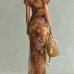 Orange Bohemian Holiday Oil Painting Print Chiffon Maxi Dress