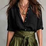 Black Shirt And Olive Green Midi Skirt Two-piece Suit