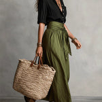 Black Shirt And Olive Green Midi Skirt Two-piece Suit