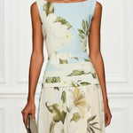 Blue And White Floral Ruffled Boat Neck Sleeveless Maxi Dress