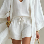 White Loose Cardigan And Drawstring Shorts Three-piece Set