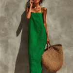 Red Faux Linen Suspender Square Neck Maxi Dress