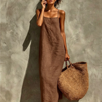 Red Faux Linen Suspender Square Neck Maxi Dress