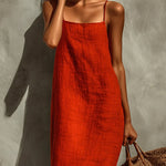 Red Faux Linen Suspender Square Neck Maxi Dress