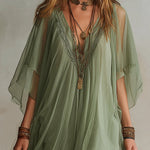 Green Chiffon V-neck Layered Flowy Mini Dress
