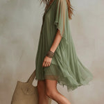 Green Chiffon V-neck Layered Flowy Mini Dress