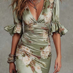 Delphine™ | Asymmetric Long Satin Dress, Puff Sleeves
